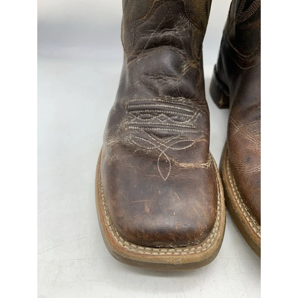 Old West Youth Cowboy Boots Brown Leather Square Toe Size 6.5 D Women’s Sz 8